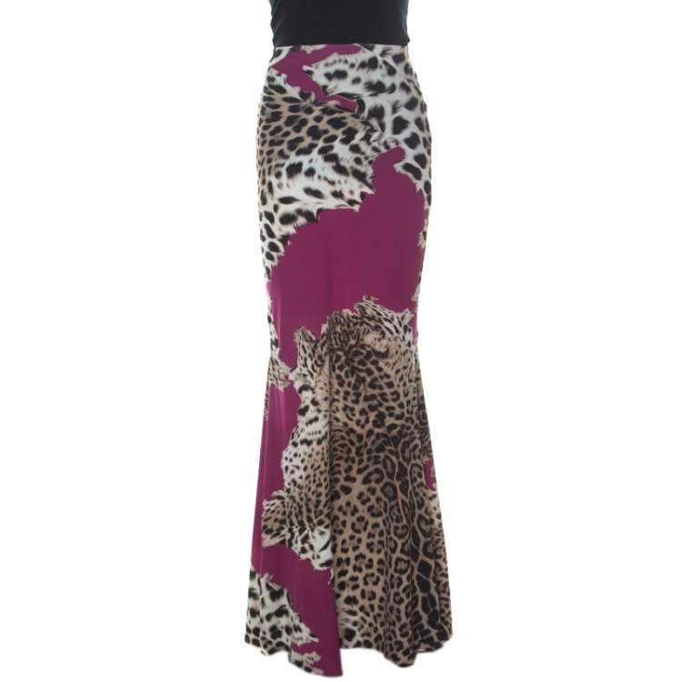 Pre Owned Roberto Cavalli Brown and Fuschia Animal Printed Jersey Maxi Skirt M