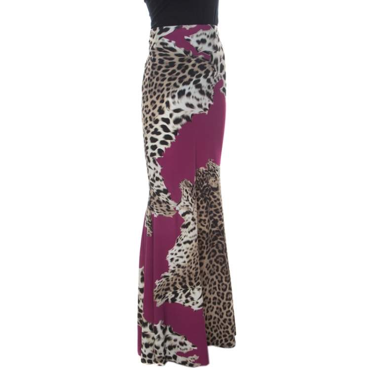 Pre Owned Roberto Cavalli Brown and Fuschia Animal Printed Jersey Maxi Skirt M