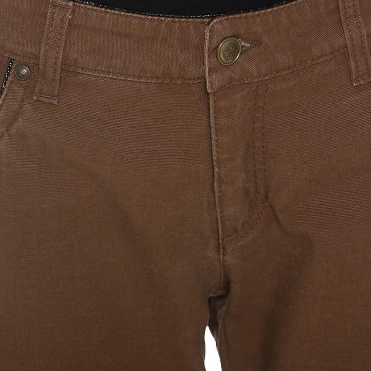 Pre Owned Roberto Cavalli Brown Stretch Cotton Leather Piping Detail Jeans M