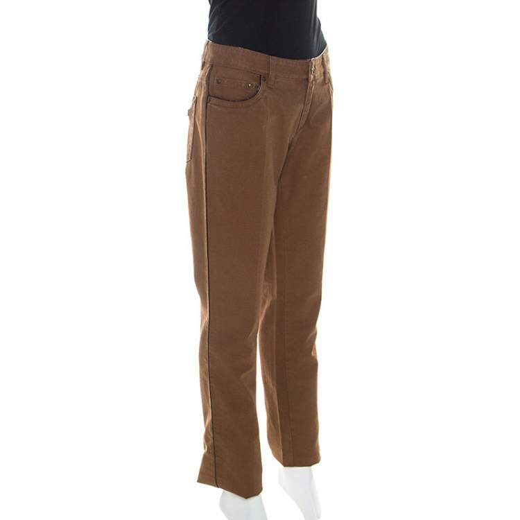 Pre Owned Roberto Cavalli Brown Stretch Cotton Leather Piping Detail Jeans M