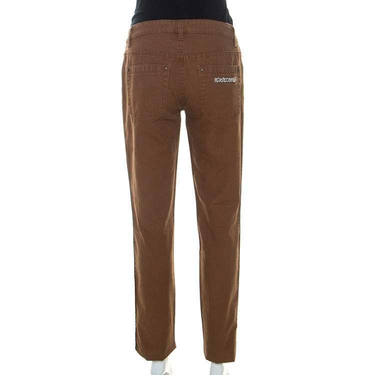 Pre Owned Roberto Cavalli Brown Stretch Cotton Leather Piping Detail Jeans M