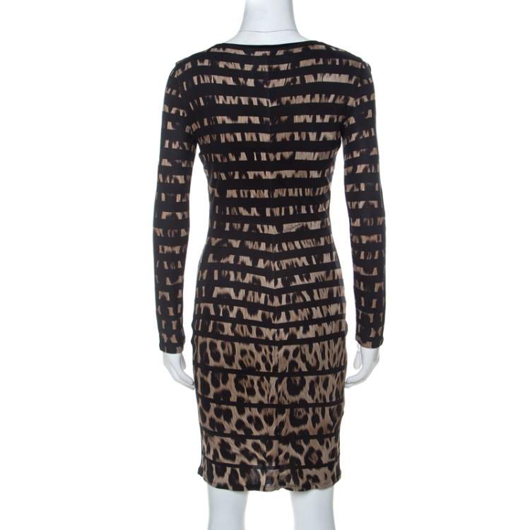 Pre Owned Roberto Cavalli Black Leopard and Stripe Print Stretch Long Sleeve Dress S