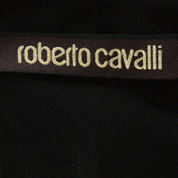 Pre Owned Roberto Cavalli Black Leopard and Stripe Print Stretch Long Sleeve Dress S