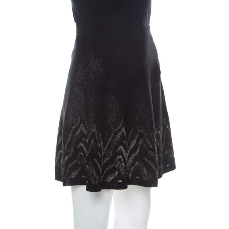 Pre Owned Roberto Cavalli Black and Gold Knit Mini A-line Skirt M