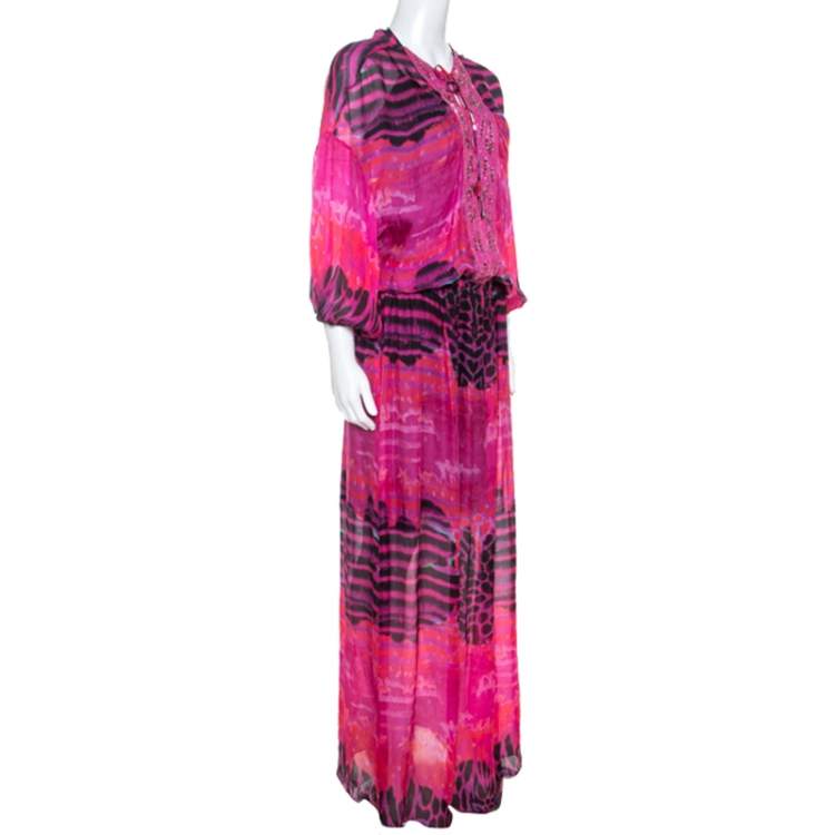 Pre Owned Roberto Cavalli Pink Printed Chiffon Embellished Neckline Detail Maxi Dress S
