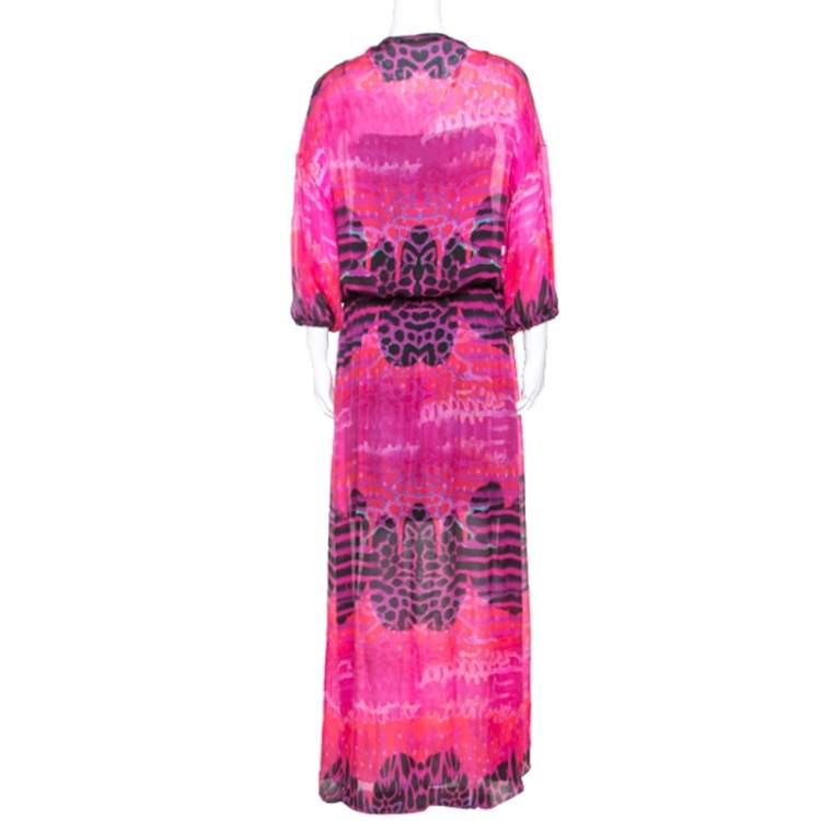 Pre Owned Roberto Cavalli Pink Printed Chiffon Embellished Neckline Detail Maxi Dress S