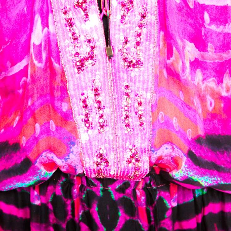 Pre Owned Roberto Cavalli Pink Printed Chiffon Embellished Neckline Detail Maxi Dress S