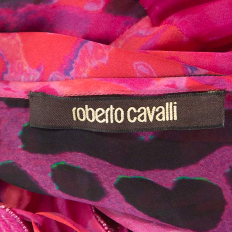Pre Owned Roberto Cavalli Pink Printed Chiffon Embellished Neckline Detail Maxi Dress S