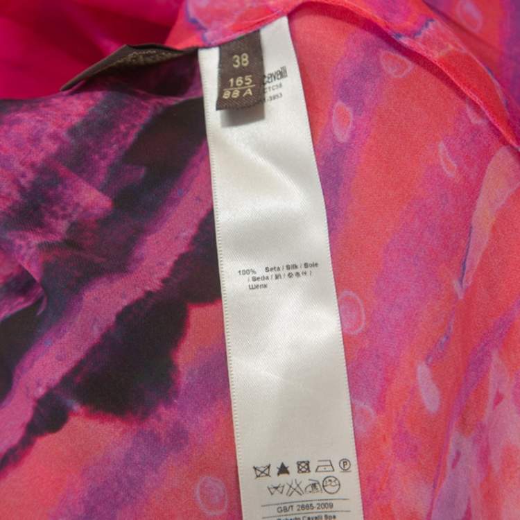 Pre Owned Roberto Cavalli Pink Printed Chiffon Embellished Neckline Detail Maxi Dress S