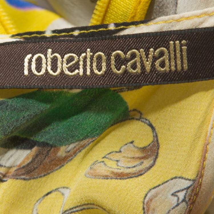 Pre Owned Roberto Cavalli Yellow Printed Silk Lace Detail Halter Top M