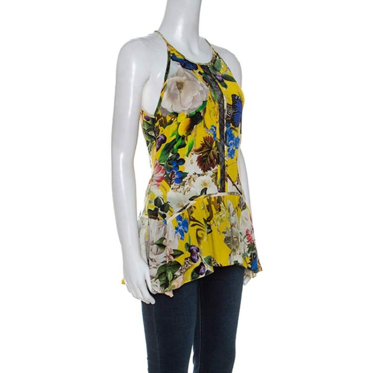 Pre Owned Roberto Cavalli Yellow Printed Silk Lace Detail Halter Top M