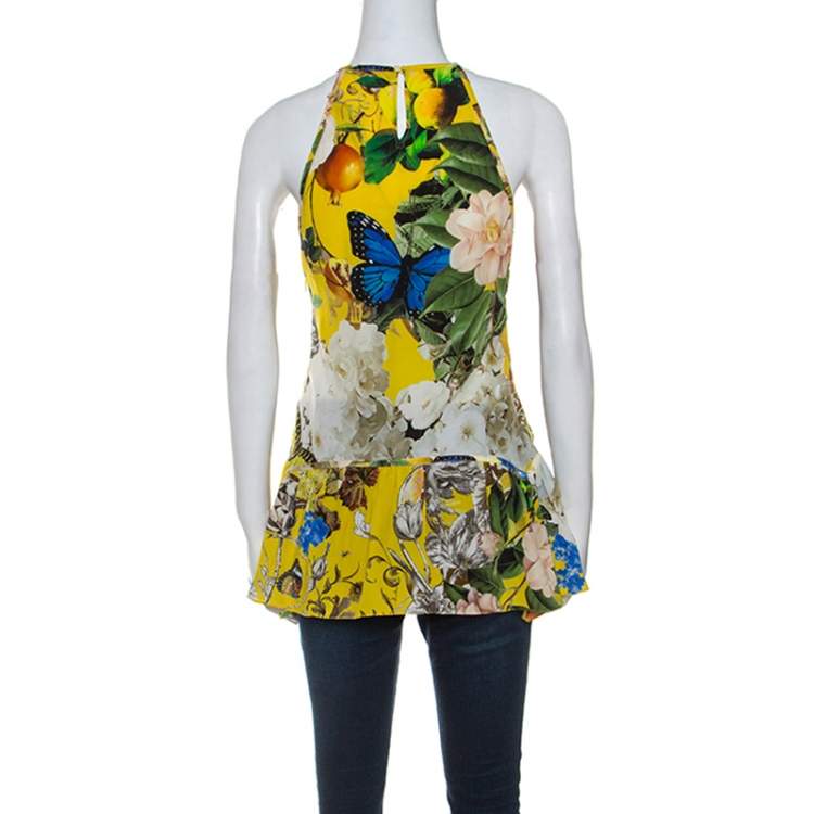 Pre Owned Roberto Cavalli Yellow Printed Silk Lace Detail Halter Top M