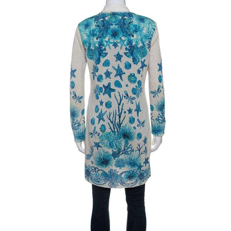 Pre Owned Roberto Cavalli Off-White Underwater Print Wool Blend Cardigan M