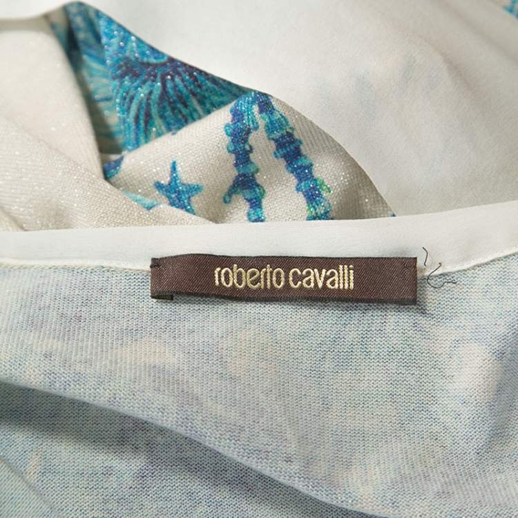 Pre Owned Roberto Cavalli Off-White Underwater Print Wool Blend Cardigan M