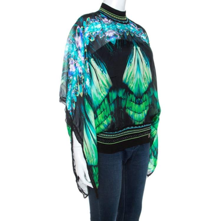 Pre Owned Roberto Cavalli Green Printed Silk Knit Trim Detail Batwing Top S