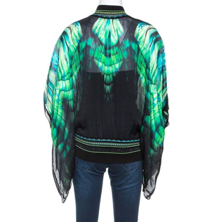 Pre Owned Roberto Cavalli Green Printed Silk Knit Trim Detail Batwing Top S