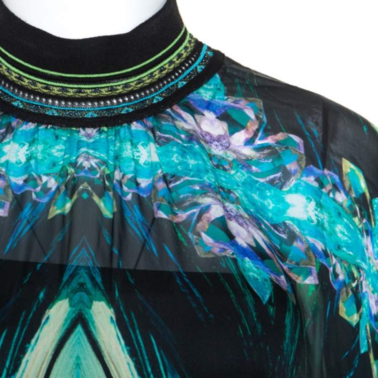Pre Owned Roberto Cavalli Green Printed Silk Knit Trim Detail Batwing Top S
