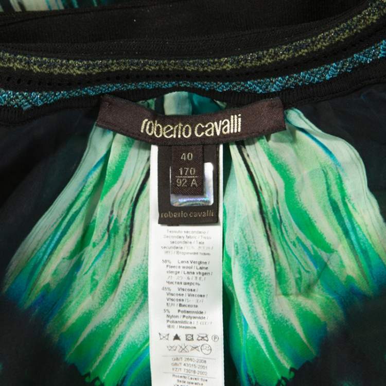 Pre Owned Roberto Cavalli Green Printed Silk Knit Trim Detail Batwing Top S
