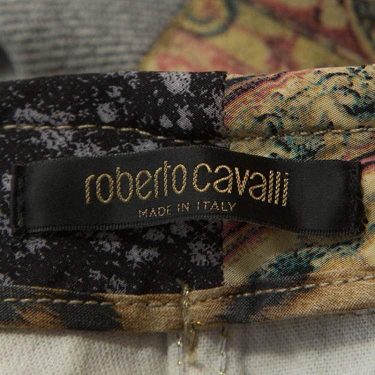 Pre Owned Roberto Cavalli Multicolor Patchwork Print Belted Boot Cut Jeans XS
