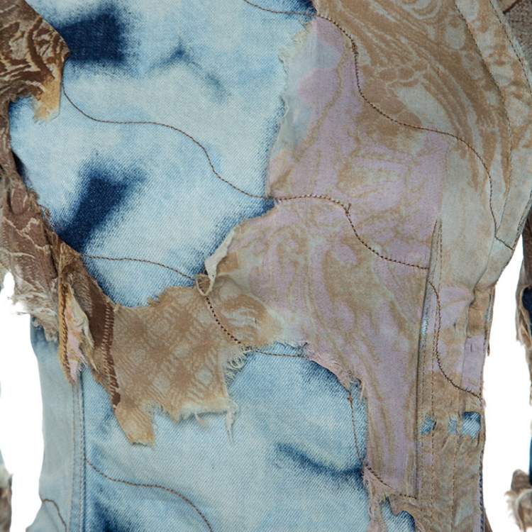 Pre Owned Roberto Cavalli Multicolor Acid Wash Denim Distressed Patch Detail Jacket S