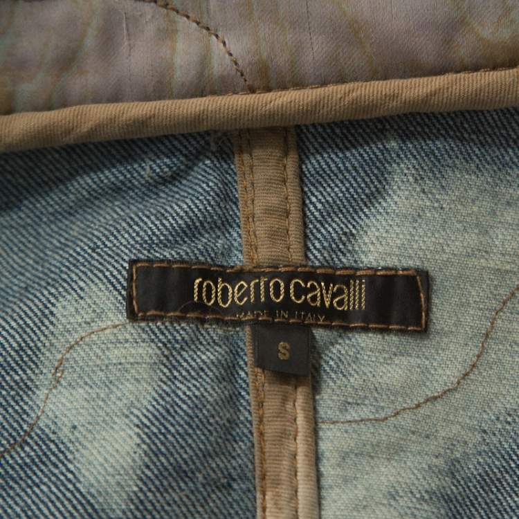 Pre Owned Roberto Cavalli Multicolor Acid Wash Denim Distressed Patch Detail Jacket S