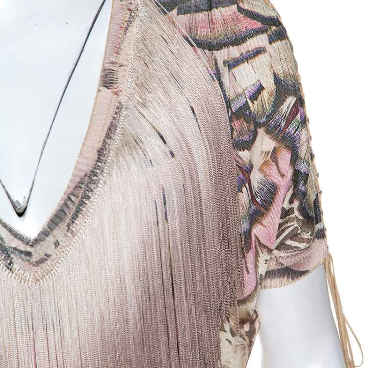 Pre Owned Roberto Cavalli Multicolor Printed Fringed Neckline V-Neck Top S