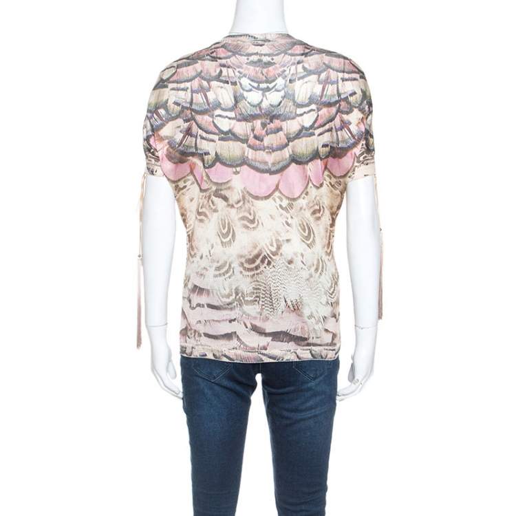 Pre Owned Roberto Cavalli Multicolor Printed Fringed Neckline V-Neck Top S
