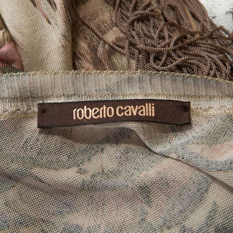 Pre Owned Roberto Cavalli Multicolor Printed Fringed Neckline V-Neck Top S
