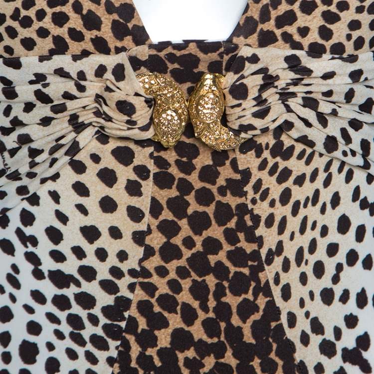 مملوكة مسبقًا Roberto Cavalli Beige Leopard Print Stretch Ruched Detail Sleeveless Top XS