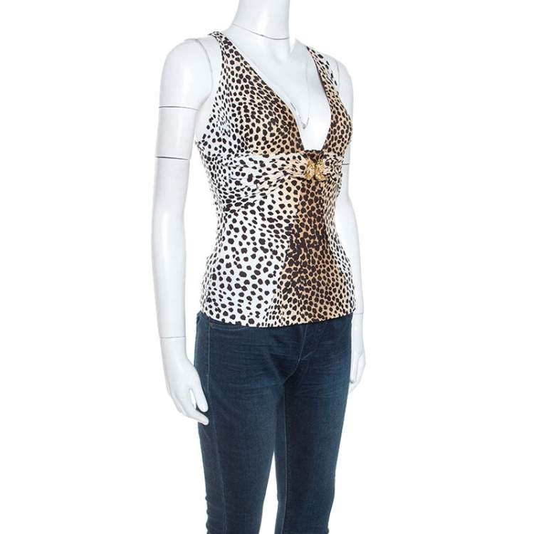 مملوكة مسبقًا Roberto Cavalli Beige Leopard Print Stretch Ruched Detail Sleeveless Top XS