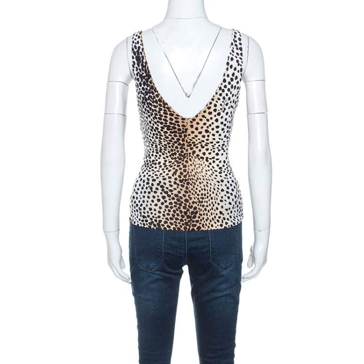 مملوكة مسبقًا Roberto Cavalli Beige Leopard Print Stretch Ruched Detail Sleeveless Top XS