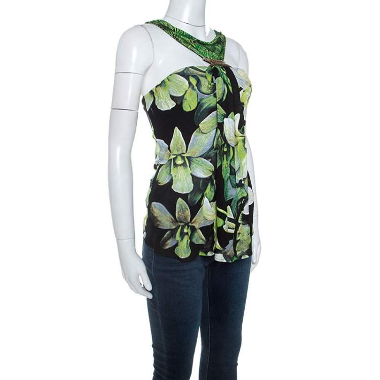 Pre Owned Roberto Cavalli Black Floral Printed Knit Brooch Detail Top S