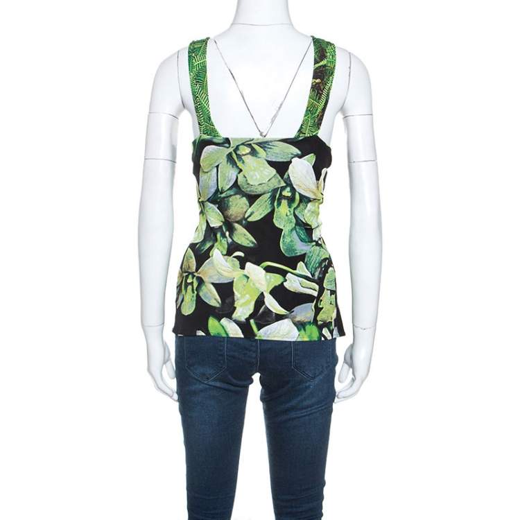 Pre Owned Roberto Cavalli Black Floral Printed Knit Brooch Detail Top S