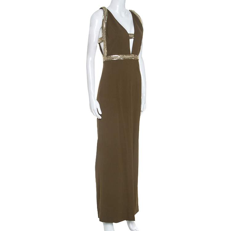 Pre Owned Roberto Cavalli Olive Green Crepe Sequin Trim Maxi Dress M