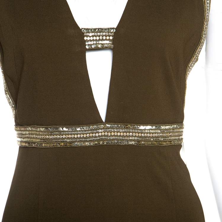 Pre Owned Roberto Cavalli Olive Green Crepe Sequin Trim Maxi Dress M