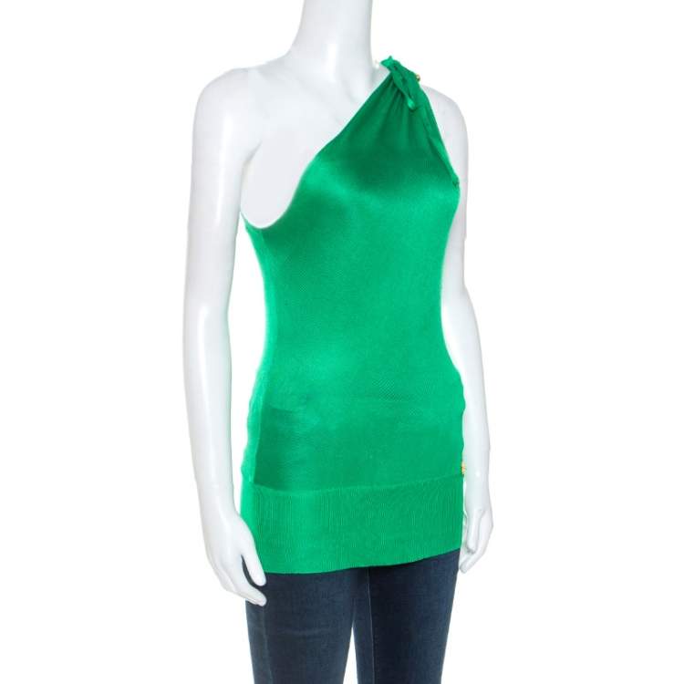Pre Owned Roberto Cavalli Green Knit Brooch Detail One Shoulder Top S