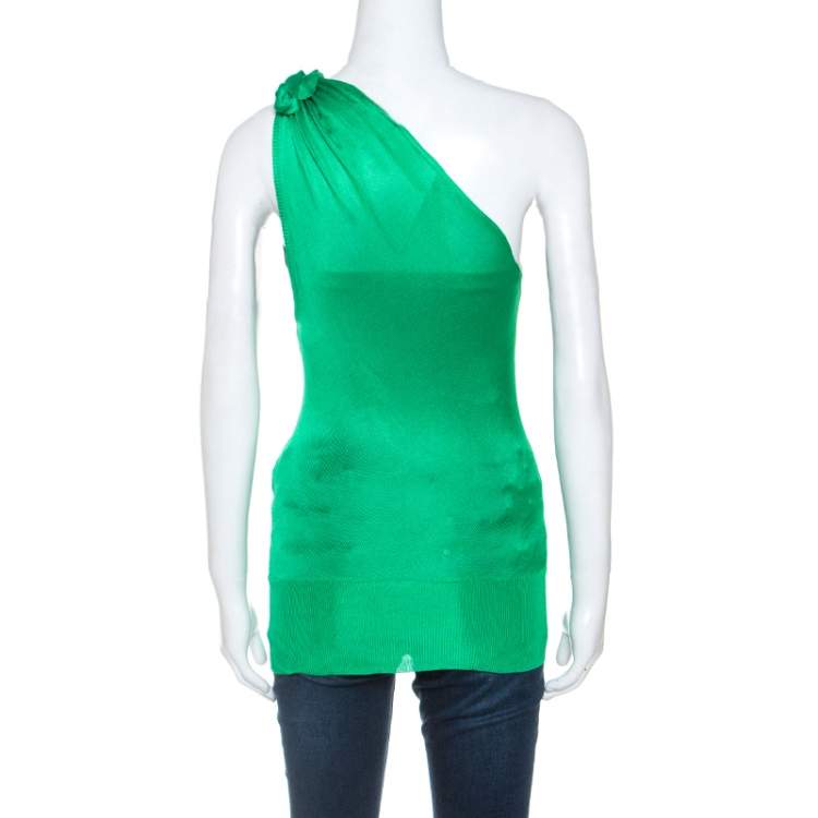 Pre Owned Roberto Cavalli Green Knit Brooch Detail One Shoulder Top S