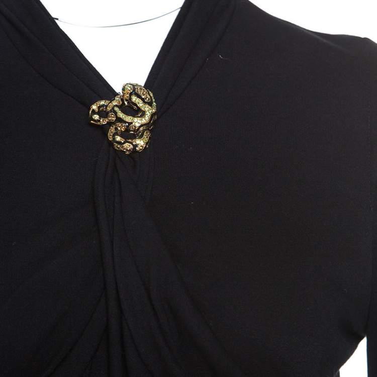 Pre Owned Roberto Cavalli Black Knit Serpent Brooch Detail Long Sleeve Dress S