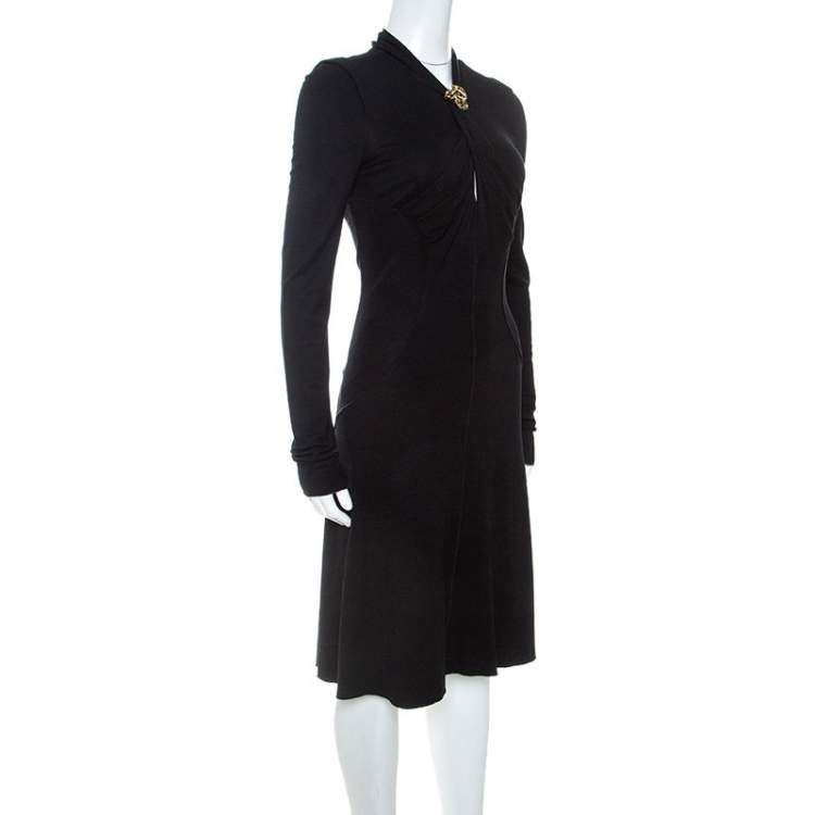 Pre Owned Roberto Cavalli Black Knit Serpent Brooch Detail Long Sleeve Dress S