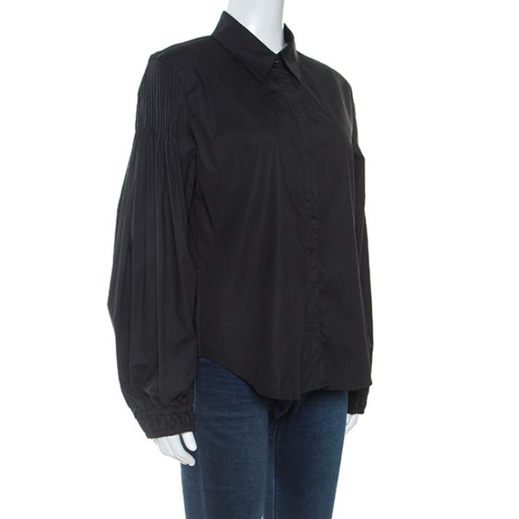 Pre Owned Roberto Cavalli Black Cotton Pleated Sleeve Detail Button Front Shirt M