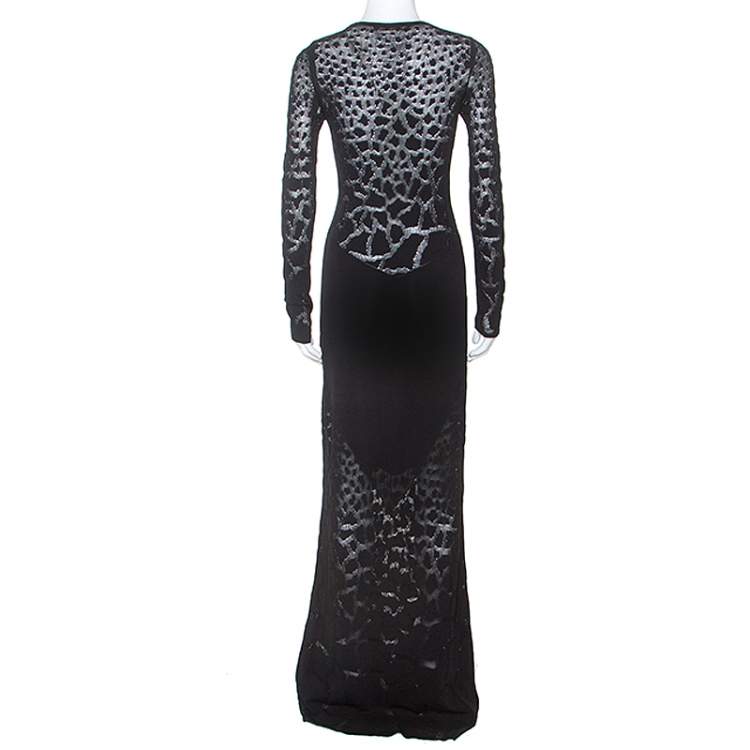 Pre Owned Roberto Cavalli Black Stretch Knit Sheer Detail Long Sleeve Maxi Dress S