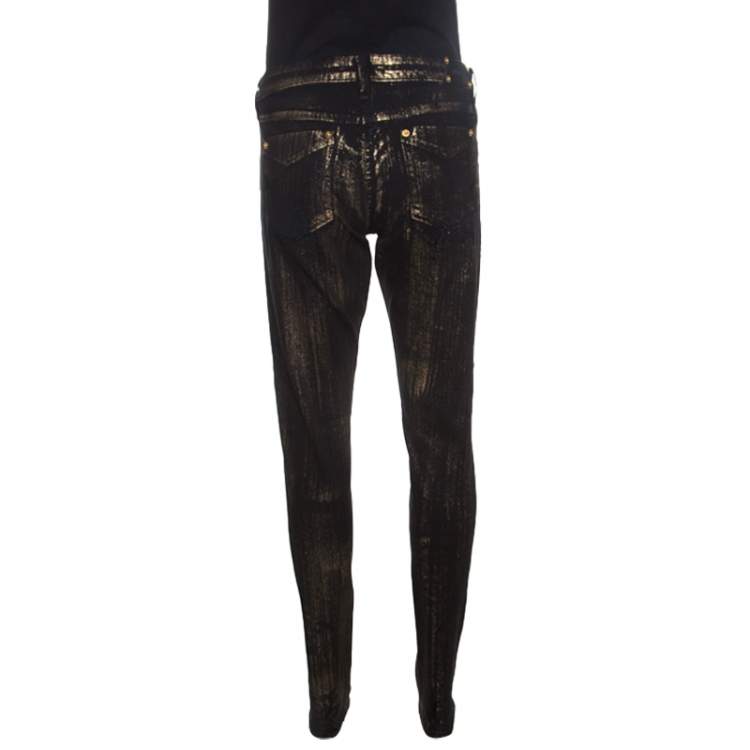 Pre Owned Roberto Cavalli Black Metallic Detail Flock Print Denim Straight Fit Jeans L