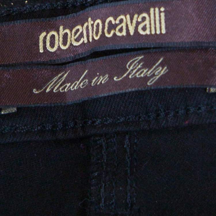 Pre Owned Roberto Cavalli Black Metallic Detail Flock Print Denim Straight Fit Jeans L