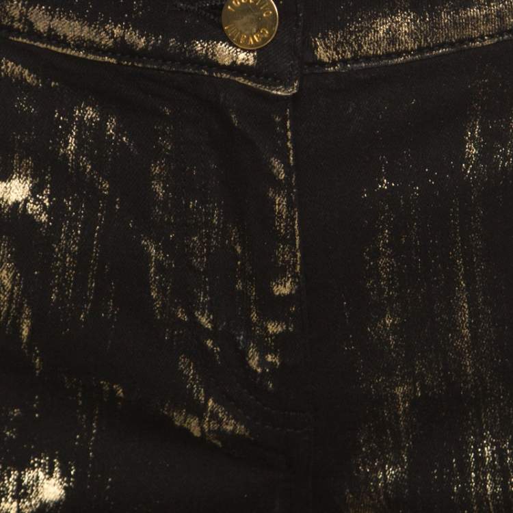 Pre Owned Roberto Cavalli Black Metallic Detail Flock Print Denim Straight Fit Jeans L
