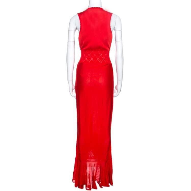 Pre Owned Roberto Cavalli Red Pointelle Knit Ruffle Trim Maxi Dress S