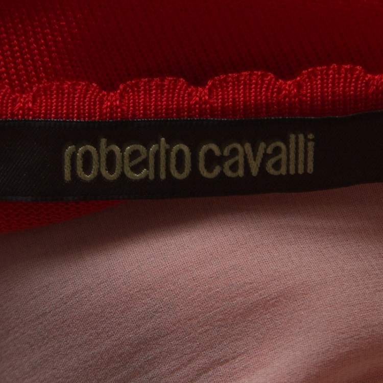 Pre Owned Roberto Cavalli Red Pointelle Knit Ruffle Trim Maxi Dress S