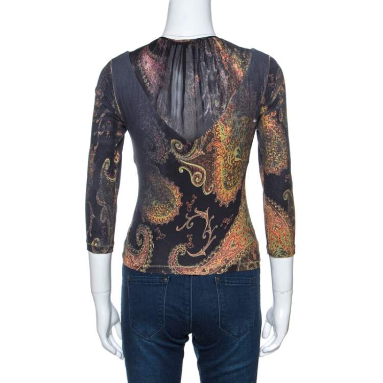 Pre Owned Roberto Cavalli Black Printed Stretch Knit Neck Tie Detail Top S