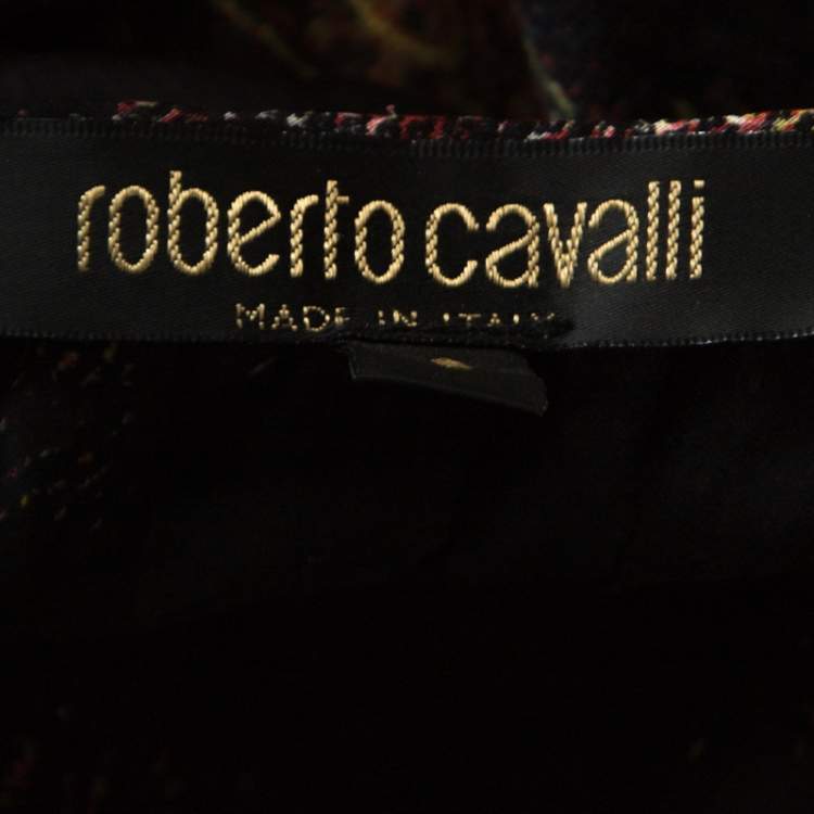 Pre Owned Roberto Cavalli Black Printed Stretch Knit Neck Tie Detail Top S