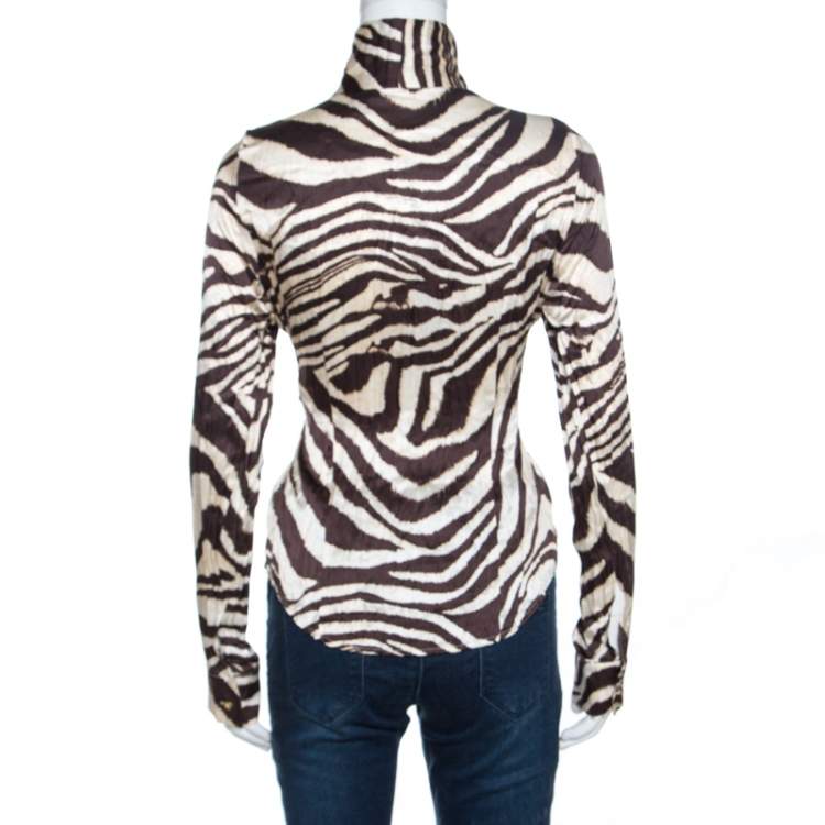 Pre Owned Roberto Cavalli Brown Animal Print Silk Waist Tie Detail Blouse L 