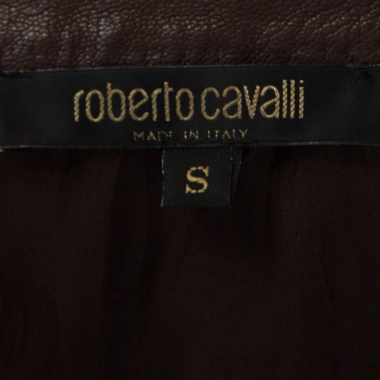 مملوكة مسبقًا Roberto Cavalli Brown Silk Satin Leather Trim Button Front Shirt S